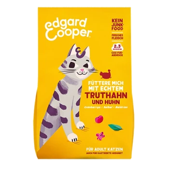 Emballage de nourriture pour chats présentant un chat de dessin animé avec une expression amicale, un fond jaune vif, et un texte promouvant les ingrédients de dinde et de poulet.