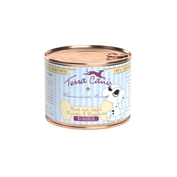Eine Dose Terra Canis Hundefutter mit einem Design in hellblauen Streifen, einem Cartoon-Hund und dem Text "Rind mit Apfel, Karotte & Hagebutte."