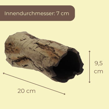Hohles Korkstamm-Versteck mit Maßen: 'Innendurchmesser: 7 cm', 20 cm Länge und 9,5 cm Höhe.