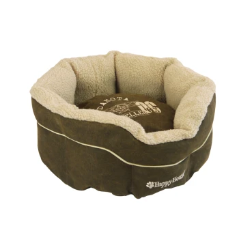 Hundekorb Dakota dunkelbraun Ein gemütliches, rundes Haustierbett mit einem weichen, cremefarbenen Fleece-Innenraum und einem dunkelbraunen Außenmaterial, mit dem Text "DAKOTA" und "Happy House."