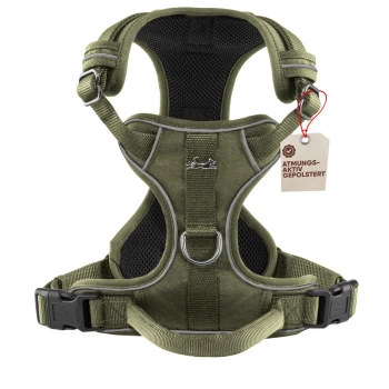 Hundegeschirr mit atmungsaktiver Mesh-Polsterung, Anti-Zug-Brustgeschirr L Olivgrünes, gepolstertes Hundegeschirr mit Mesh-Futter, oberem Griff, D‑Ring und Anhänger mit der Aufschrift 'ATMUNGS-AKTIV GEPOLSTERT'.