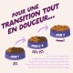 Illustration de trois gamelles pour chiens : «Jour 1 25%», «Jour 2-3 50%-75%», «Jour 4» avec le titre «Pour une transition tout en douceur...».