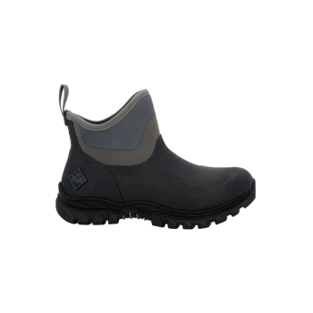 Schwarze wasserdichte Knöchelstiefel mit grauen Akzenten und einer strukturierten Sohle, mit einer Zuglasche für einfaches Anziehen.