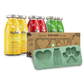 Vier bunte Flaschen mit Hundesnacks mit der Aufschrift "Huhn," "Rind," und "Lamm," neben einer grünen Silikon-Eisform in Form einer Pfote und eines Herzens.