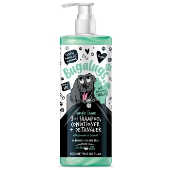 Flasche von Bugalugs Tangle Tame 3-in-1 Shampoo, Conditioner und Entwirrungsmittel für Hunde, mit Avocado und Kokosnuss, vegan, 500ml.