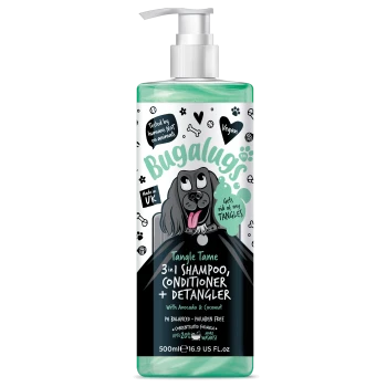 Flasche von Bugalugs Tangle Tame 3-in-1 Shampoo, Conditioner und Entwirrungsmittel für Hunde, mit Avocado und Kokosnuss, vegan, 500ml.