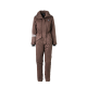 Brauner isolierter Einteiler für den Schnee mit Kapuze, mit einem Reißverschluss vorne, elastischem Bund und reflektierenden Streifen an den Ärmeln.