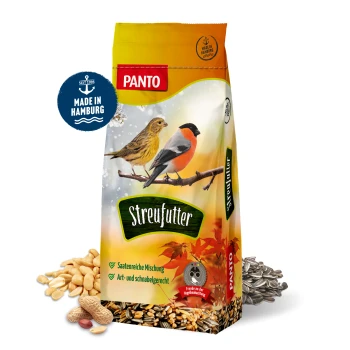 PANTO Wildvogelfutter Beutel mit bunten Vögeln und Text über natürliche Zutaten für die ganzjährige Fütterung.