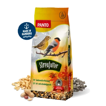 PANTO Wildvogelfutter Beutel mit bunten Vögeln und Text über natürliche Zutaten für die ganzjährige Fütterung.