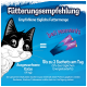 Gezeichnete Katze auf blauem Etikett mit Sachets und deutschem Text 'Fütterungsempfehlung', 'Bis zu 2 Sachets' und 'Deli Moments'.