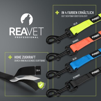 REAVET Professional Leinen mit schwarzen Karabinerhaken, gezeigt in 4 Farben (Gelb, Orange, Blau, Schwarz); 'Hohe Zugkraft'