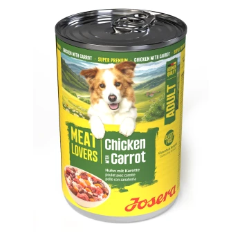 Josera 'Meat Lovers' Hundefutterdose – Chicken with Carrot, lächelnder Hund auf dem Etikett, Schüssel mit Stücken, 'Gluten Free'.