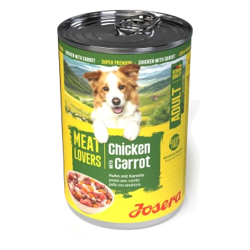 Josera 'Meat Lovers' Hundefutterdose – Chicken with Carrot, lächelnder Hund auf dem Etikett, Schüssel mit Stücken, 'Gluten Free'.