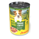 Josera 'Meat Lovers' Hundefutterdose – Chicken with Carrot, lächelnder Hund auf dem Etikett, Schüssel mit Stücken, 'Gluten Free'.
