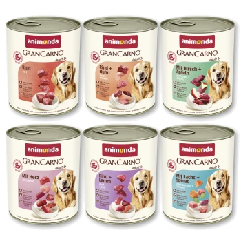 Sechs Animonda GRANCARNO Hundefutterdosen, jede Dose zeigt ein Bild eines lächelnden Hundes und Geschmacksangaben.