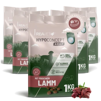 Reavet HypoConcept Adult Hundefuttersäcke 'Mit frischem Lamm' 1 kg; Hundesilhouette, Kroketten und rohes Lamm, gluten- und weizenfrei.