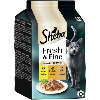 Sheba Fresh & Fine Katzenfutterverpackung mit einem Teller Fleisch in Sauce, mit den Geschmacksrichtungen: Huhn, Truthahn und Ente.