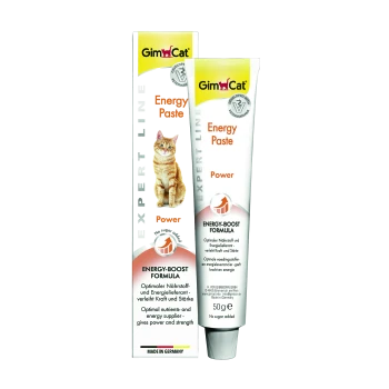 GimCat Energy Paste tube en doos met oranje schildpadkat; labels 'Kracht' en 'Energieboost-formule', gemaakt in Duitsland