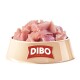 Schüssel mit rohen Fleischstücken, die mit "DIBO" beschriftet sind, mit dem Slogan "Für die Besten das Beste" auf einem beigen Hintergrund.