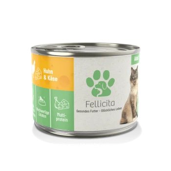 Hundefutterdose mit einem Katzenbild, beschriftet mit "Fellicita", mit Geschmacksrichtungen "Huhn & Käse" und Symbolen für hochwertige Zutaten und Mehrprotein.
