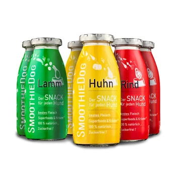 Fünf bunte Smoothie-Flaschen für Hunde, beschriftet mit "Lamm," "Huhn," und "Rind," mit Text über natürliche Zutaten und Snacks.