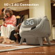 CATLINK selbstreinigende Katzentoilette im Wohnzimmer, Text: "5G & 2.4G-Verbindung", Katze und Besitzer auf dem Sofa; "Stabil und zuverlässig", WLAN.