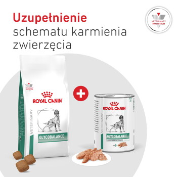 Opakowanie i puszka Royal Canin Glycobalance z suchą karmą i kawałkami mokrej na talerzu, czerwony znak plus; tekst: ROYAL CANIN, GLYCOBALANCE