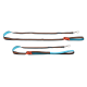 Eine bunte Hundeleine mit einem schwarz-orange gestreiften Design und blauen Akzenten, die einen stabilen Metallclip an einem Ende zeigt.