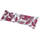 Eine Nahaufnahme eines Haustierzubehörs mit einem weißen Stoff, der mit einem Muster aus rosa und roten Blättern verziert ist.