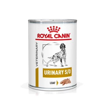Royal Canin Veterinary Urinary S/O blik hondenvoer, gelabeld als 'Brood', met een silhouet van een hond en een rood kroonlogo.