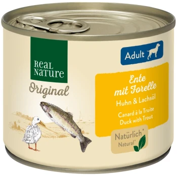 Dosen-Haustierfutter mit der Aufschrift "Real Nature Original", das "Ente mit Forelle" auf Deutsch zeigt, mit Illustrationen einer Ente und einer Forelle.