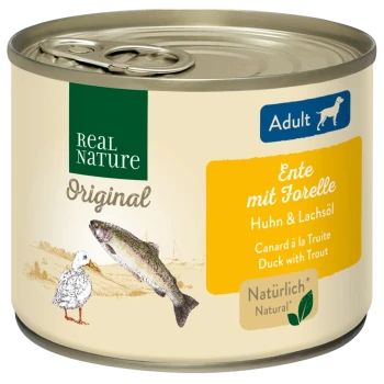 Nourriture pour animaux en conserve étiquetée "Real Nature Original" présentant "Canard avec Truite" en allemand, avec des illustrations d'un canard et d'une truite.
