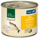 Dosen-Haustierfutter mit der Aufschrift "Real Nature Original", das "Ente mit Forelle" auf Deutsch zeigt, mit Illustrationen einer Ente und einer Forelle.