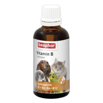Complexe de vitamines B Beaphar pour animaux de compagnie, avec des images d'un lapin, d'un chien, d'un chat et d'un perroquet, avec un texte listant B1, B2, B6, B12.