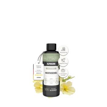 Flasche Alphazoo Nachtkerzenöl kaltgepresstes Omega-Öl für Hunde und Katzen mit gelben Blumen und Produktvorteilen.