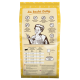 Gelbe Katzenfuttertüte mit Aufschrift 'So kocht Betty', mit gezeichneter Frau, Zutaten-Icons, Fütterungsempfehlungsdiagramm und deutschem Text.