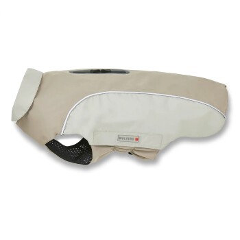 Beiger und hellgrauer Wolters Hunderegenmantel mit reflektierendem Besatz und verstellbaren Riemen, auf weißem Hintergrund gezeigt.