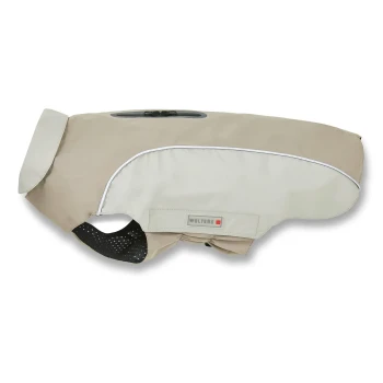 Beiger und hellgrauer Wolters Hunderegenmantel mit reflektierendem Besatz und verstellbaren Riemen, auf weißem Hintergrund gezeigt.