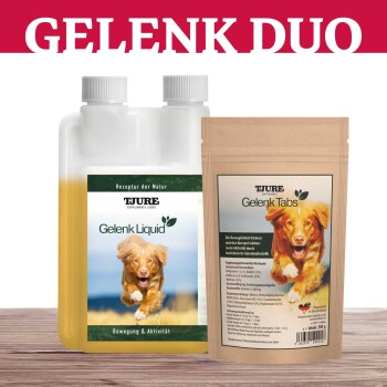 Gelenk Duo Haustier-Nahrungsergänzungsmittel mit einer Flasche Gelenk Flüssigkeit und einem Paket Gelenk Tabs, die Bewegung und Aktivität für Hunde fördern.