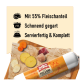 DIBO FreshRoll Puten- und Rinderfutter mit 55 % Fleisch, schonend gegart, servierfertig, gezeigt mit Karotten, Kartoffeln und Fleischstücken.