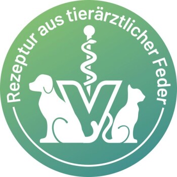 Logo mit einer Silhouette von Hund und Katze mit einem veterinärmedizinischen Symbol, umgeben von dem Text "Rezeptur aus tierärztlicher Feder."
