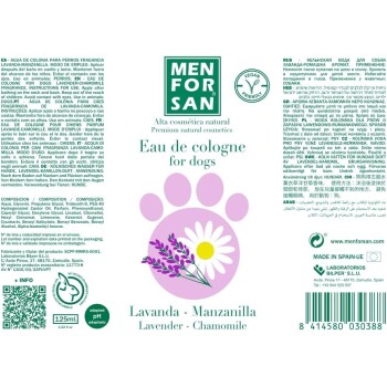 Menforsan Eau de Cologne für Hunde, 125ml, mit Lavendel und Kamille. Gebrauchsanweisung und Zutaten in mehreren Sprachen aufgeführt.
