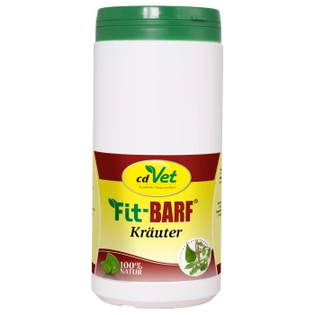 Weißer Behälter von cdVet Fit-BARF Kräuter mit einem grünen Deckel, mit einem gelben Etikett, das "100% NATUR" angibt, und Bildern von Kräutern.