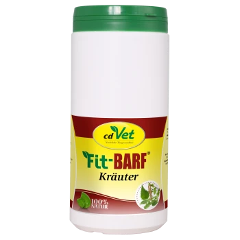 Weißer Behälter von cdVet Fit-BARF Kräuter mit einem grünen Deckel, mit einem gelben Etikett, das "100% NATUR" angibt, und Bildern von Kräutern.