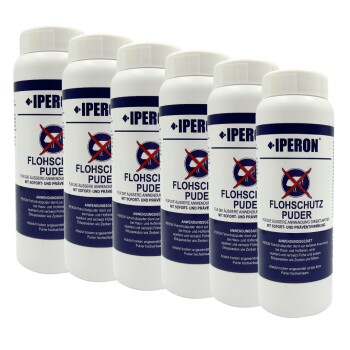 Sechs weiße Flaschen von IPERON Flohschutz Puder mit dunkelblauen Etiketten und rotem durchgestrichenem Flöhen-Symbol.