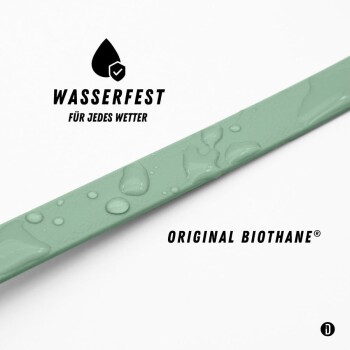 Ein beiger Biothane-Hundehalsband mit Wassertropfen, mit einem Text, der seine wasserdichten, veganen, leicht zu reinigenden, langlebigen und starken Eigenschaften hervorhebt.