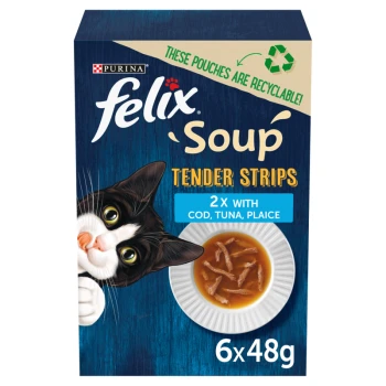 Packaging for Purina Felix Soup Tender Strips cat food, featuring a playful cat and a bowl of soup with fish pieces.