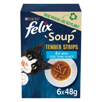 Packaging for Purina Felix Soup Tender Strips cat food, featuring a playful cat and a bowl of soup with fish pieces.