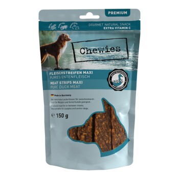 Ein Paket von Chewies Meat Strips Maxi, das reines Entenfleisch enthält, 150 g, mit einer Hundesilhouette und Text in Deutsch und Englisch.