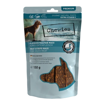 Ein Paket von Chewies Meat Strips Maxi, das reines Entenfleisch enthält, 150 g, mit einer Hundesilhouette und Text in Deutsch und Englisch.